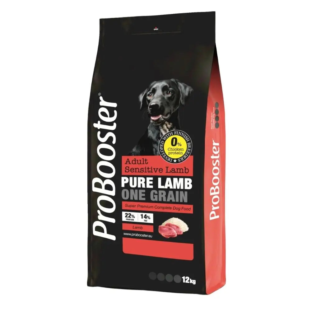 Black and red special edition probooster adult sensitive lamb pure lamb one grain dog food bag with black labrador image