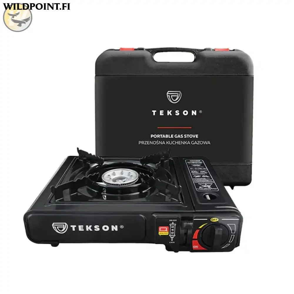 Tekson Kannettava kaasuliesi muovikotelolla ja kaasupolttimella