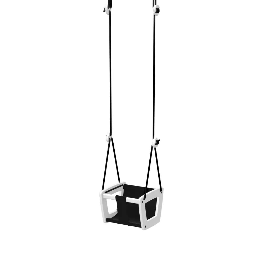 Musta ja valkoinen toddler birch vauvan keinu modernilla minimalistisella designilla mustalla nahkalla