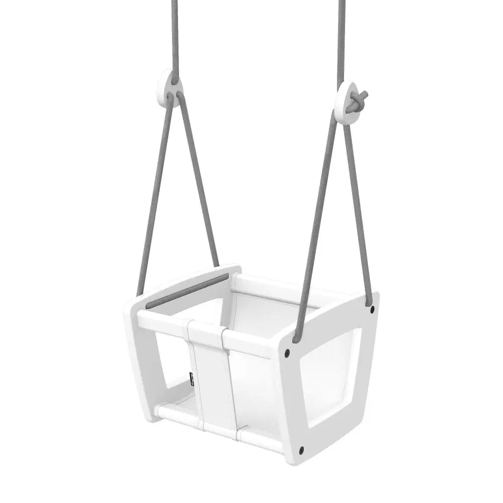 Valkoinen muovinen taaperokeinu harmailla köysillä ja säädettävällä birch white leather grey -ripustuksella