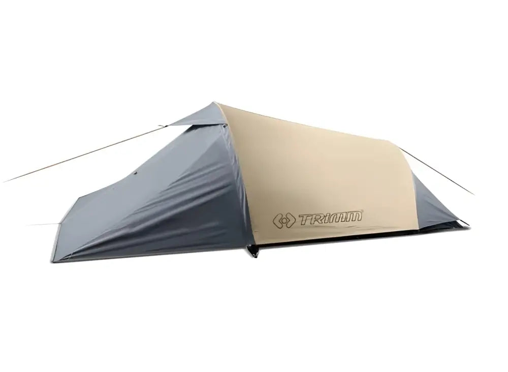 Beige ja harmaa kaksivärinen trimm spark sand tunneliteltta kahdelle hengelle minimalistisella designilla