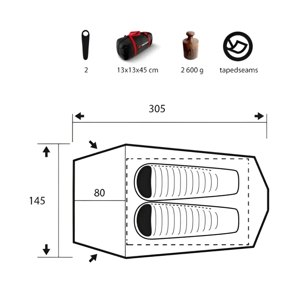 Kaksihenkinen trimm spark sand tunneliteltta musta ja punainen retkiteltta teipatuin saumoin 13x13x45 cm 2600 g