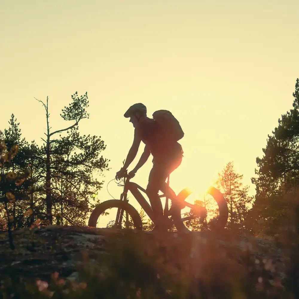 Silhouettoitu tunturi emax täysjousitettu maastopyörä, ajaja takaa, keltakultainen auringonlasku taustalla