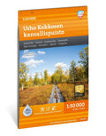 Oranssi musta kartta urho kekkosen kansallispuistosta ja maisemainen metsäpolku 1:50 000 mittakaavassa