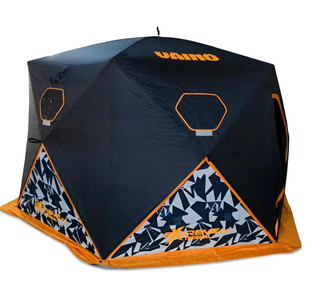 Black and orange vamo x-reve thermal ice fishing tent with geometric patterned panels for extreme cold conditions