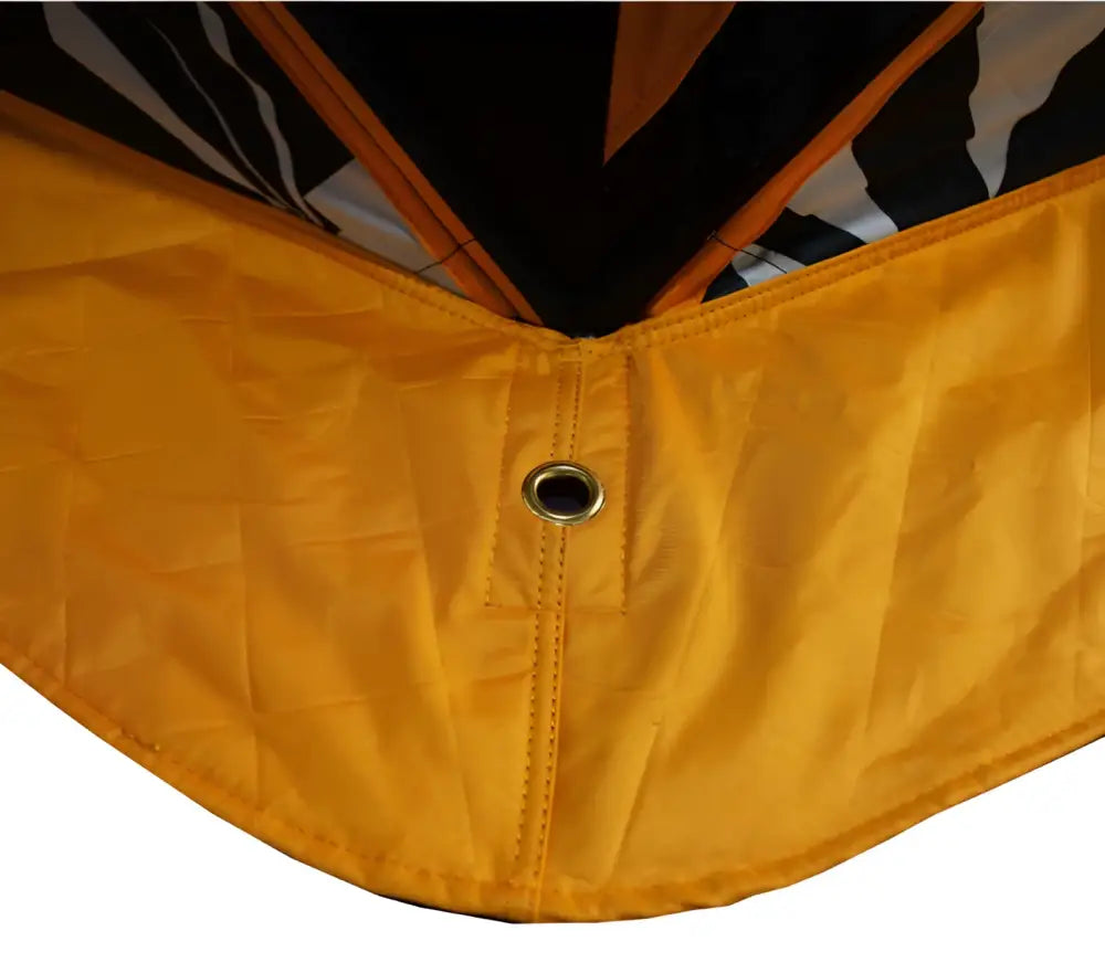 Bright yellow nylon corner of väinö bunker thermal extreme xxxl pilkkiteltta with reinforced metal grommet