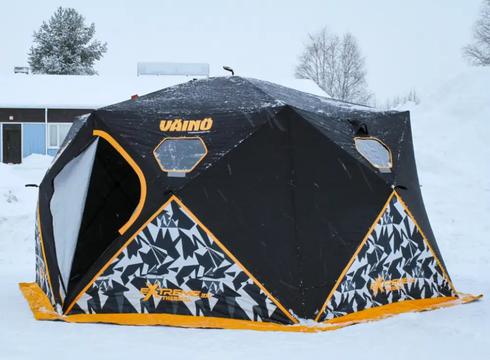 Väinö bunker thermal extreme xxxl pilkkiteltta black and orange ice fishing tent with geometric pattern on lower panels