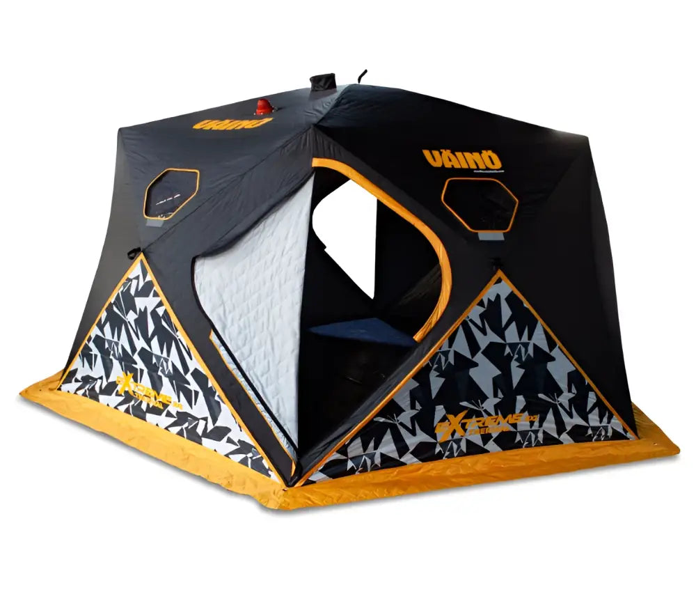 Väinö bunker thermal extreme XXXL pilkkiteltta musta ja oranssi vamo x-zone jääkalastus teltta geometrisillä kuvioiduilla paneeleilla