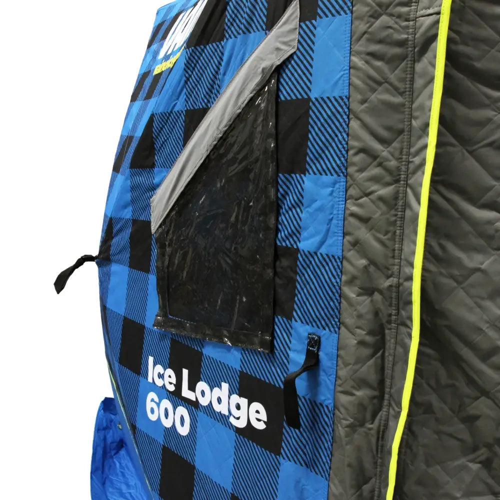 Sinimusta ruutukuvioinen väinö ice lodge 600 pilkkiteltta kirkkaalla ikkunapaneelilla