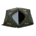 Väinö thermal extreme teltta xxxl camo kuosilla on camouflage-kuvioitu jääkalastusteltta oranssilla logolla ja timantinmuotoisella sisäänkäynnillä