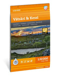 Orange ja harmaa vätsäri ja kessi 1 50 000 vaelluskartta calzadilta, maisema teltoilla ja veden äärellä auringonlaskun aikaan