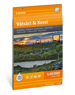 Orange ja harmaa vätsäri ja kessi 1 50 000 vaelluskartta calzadilta, maisema teltoilla ja veden äärellä auringonlaskun aikaan