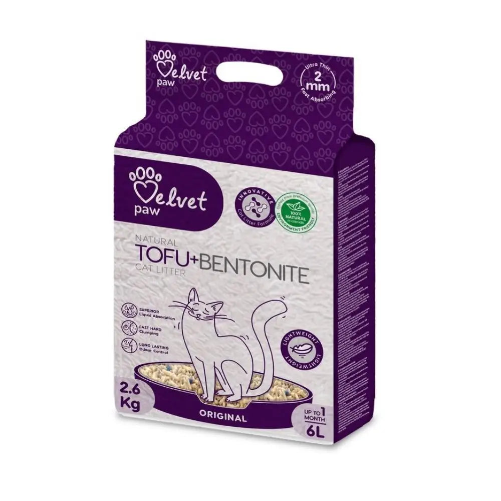 Pakkaus samettipaw tofu bentoniittikissan hiekka 2.6 kg violetti ja valkoinen sydämen muotoisin tassuprintti