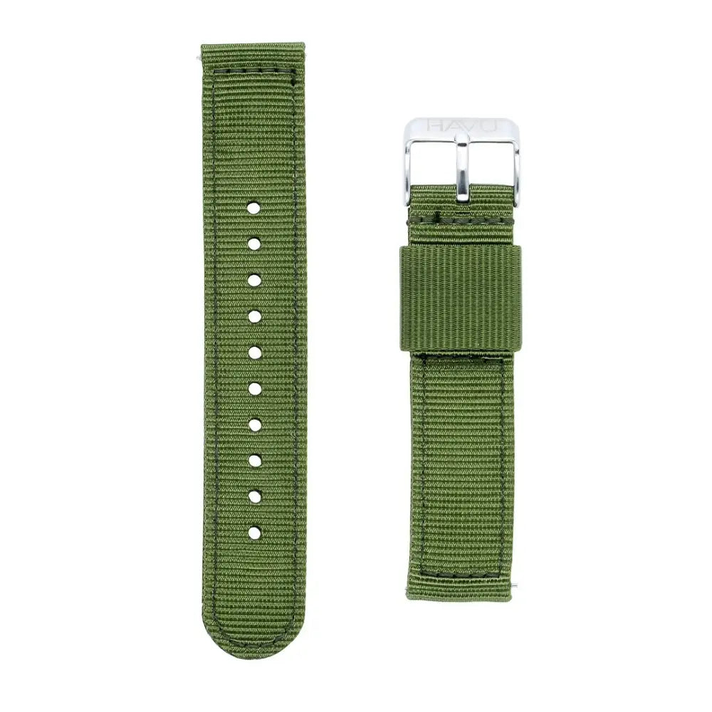 Olive vihreä nylon-tekstiiliranneke 20 mm hopean värisellä soljella