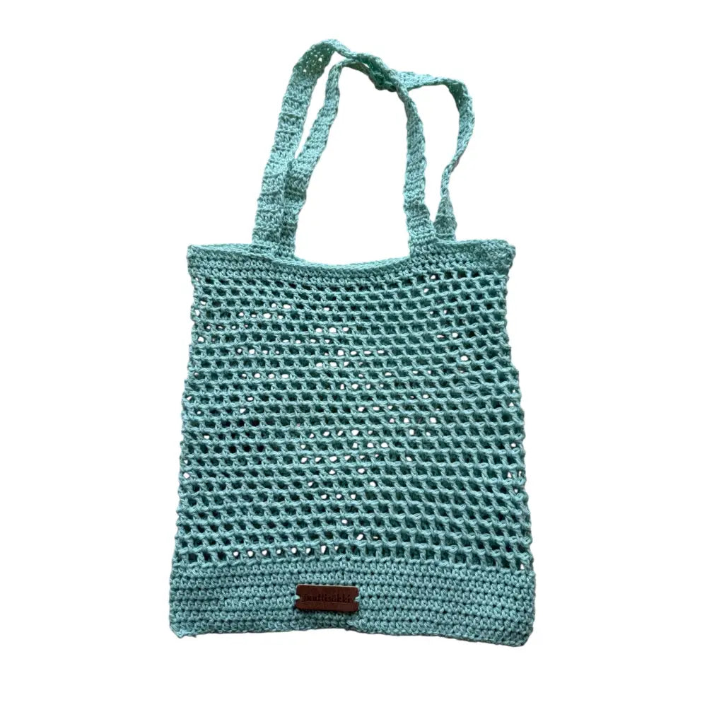 Virattu verkkokassi kevyt teal väri mesh-kuviolla ja samansävyisillä kahvoilla