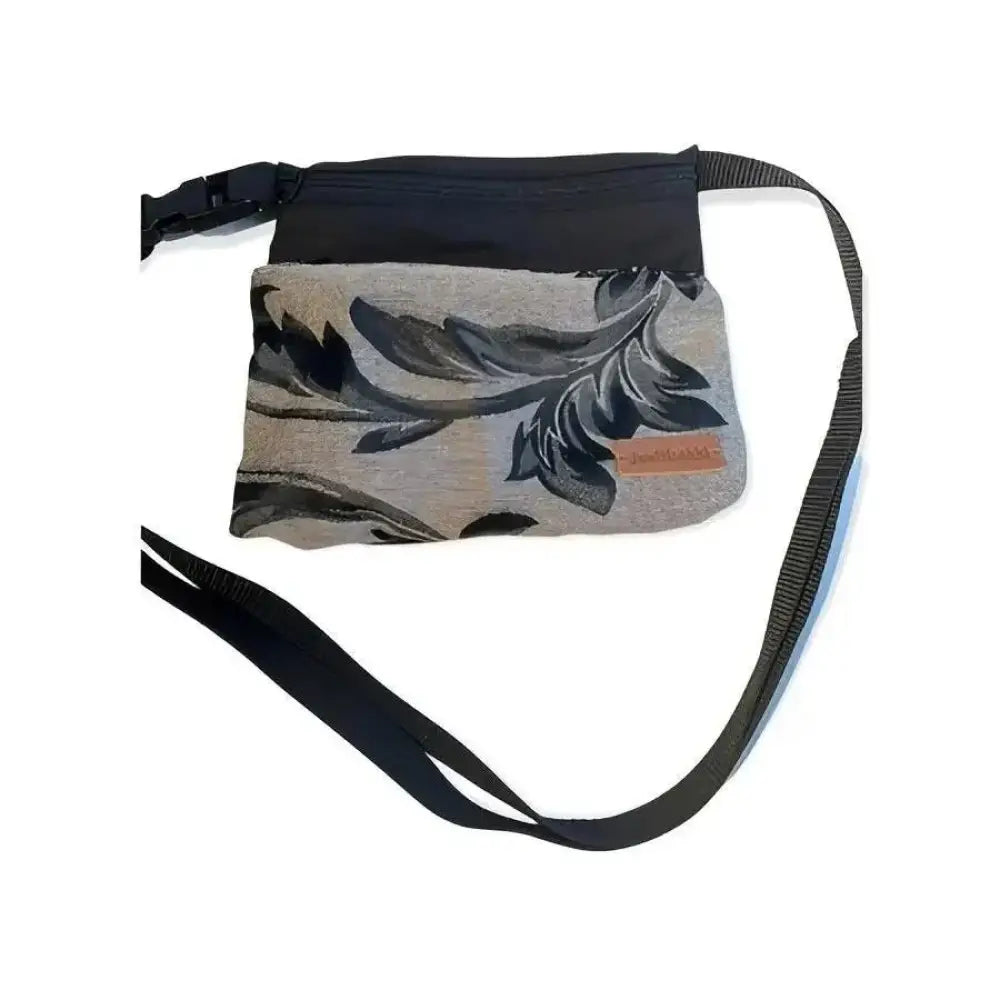 Vyölaukku black flower tyylikäs harmaa ja musta lehtikuvioitu kangas crossbody-laukku mustalla säädettävällä hihnalla