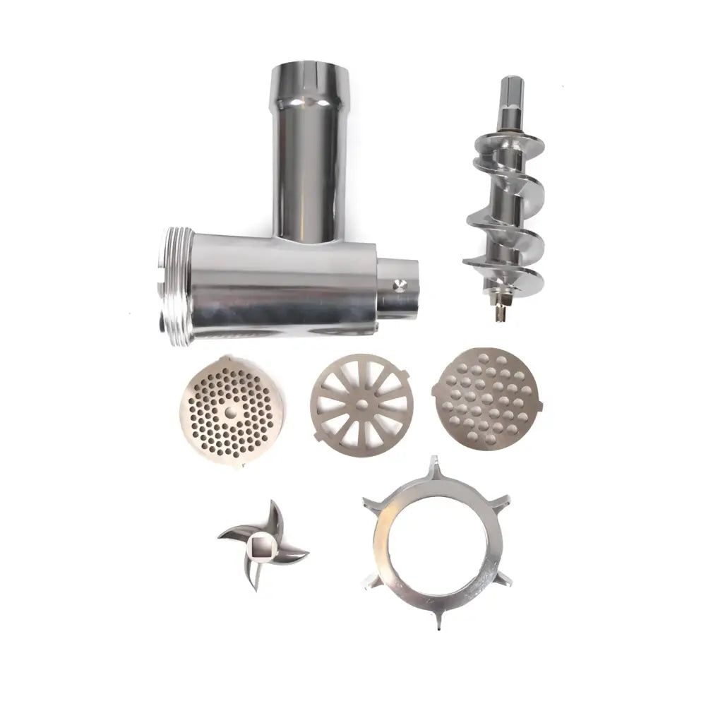 Stainless steel meat grinder attachment set with various grinding plates and spiral auger for W+S Liha- ja kalamylly 2200W