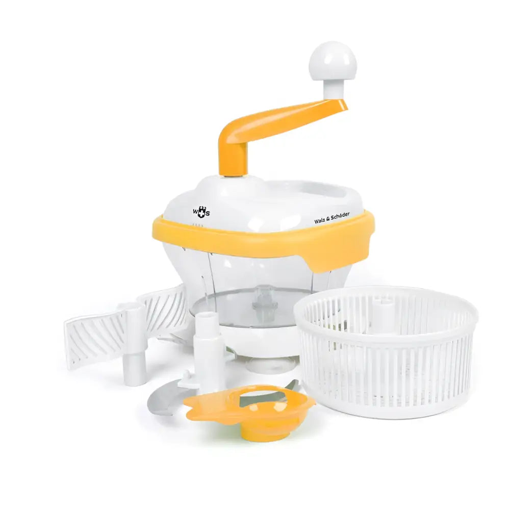 White and orange manual food processor wales & schäder with transparent bowl for chopping vegetables vihannessilppuri