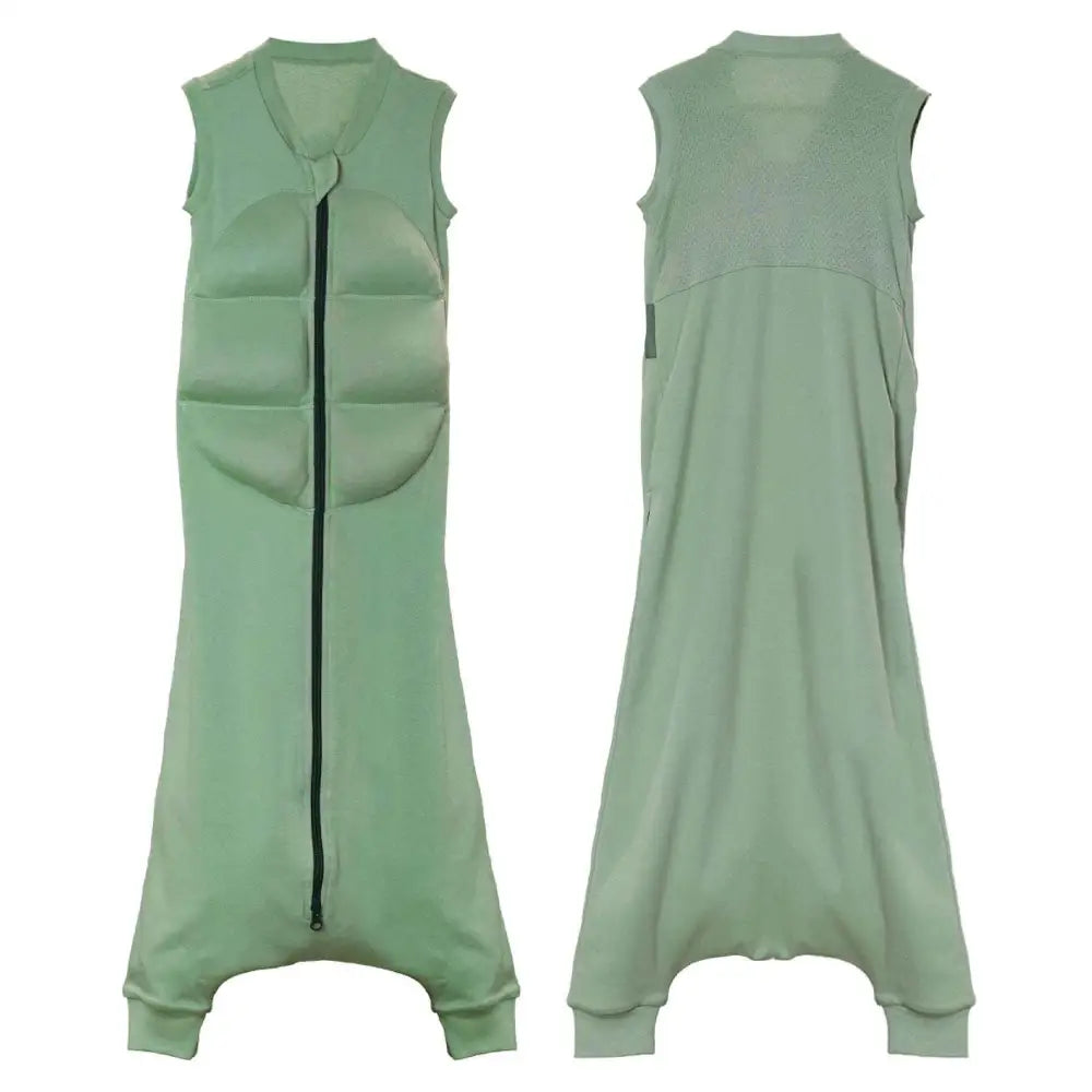 A sage green sleeveless weighted sleep suit with front zipper padded sections and a mesh back panel by babydeepsleep