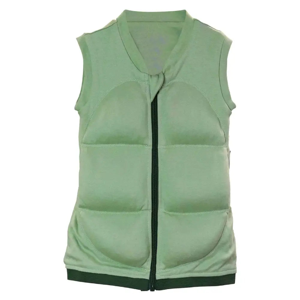 Kevyt vihreä tikattu weighted sleep vest i BABYDEEPSLEEP® -liivi mustalla vetoketjulla ja tummanvihreillä reunoilla
