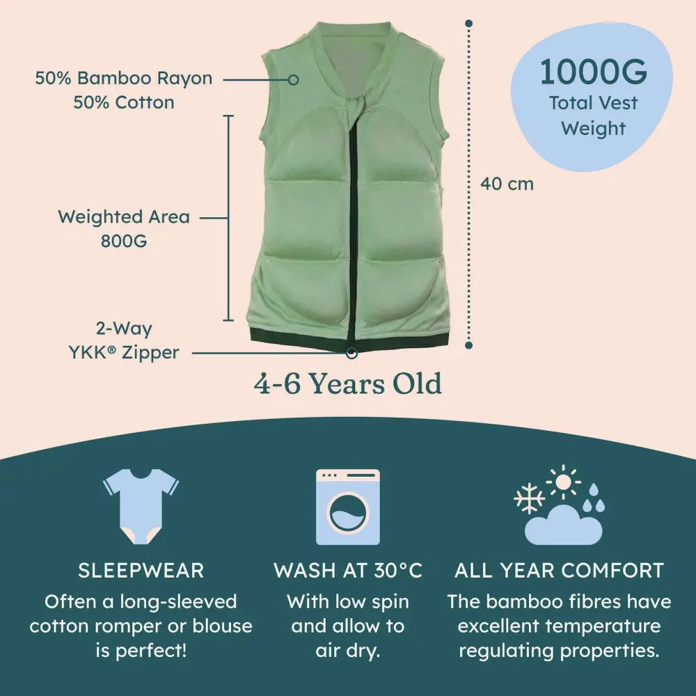 Light green puffer vest for children aged 4-6 years made of bamboo rayon and cotton with ykk zipper weighted sleep vest i babyddeepsleep