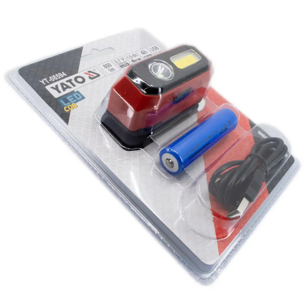 Punainen ja musta yato yt-08394 led cob otsalamppu sinisellä akulla ja usb-latauskaapelilla ladattava ip54
