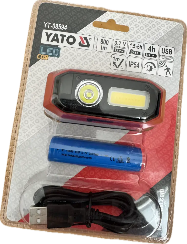 Yato otsalamppu 800 lm led cob työvalo punamusta kotelo mukana 2200 mah akku ja usb-latauskaapeli