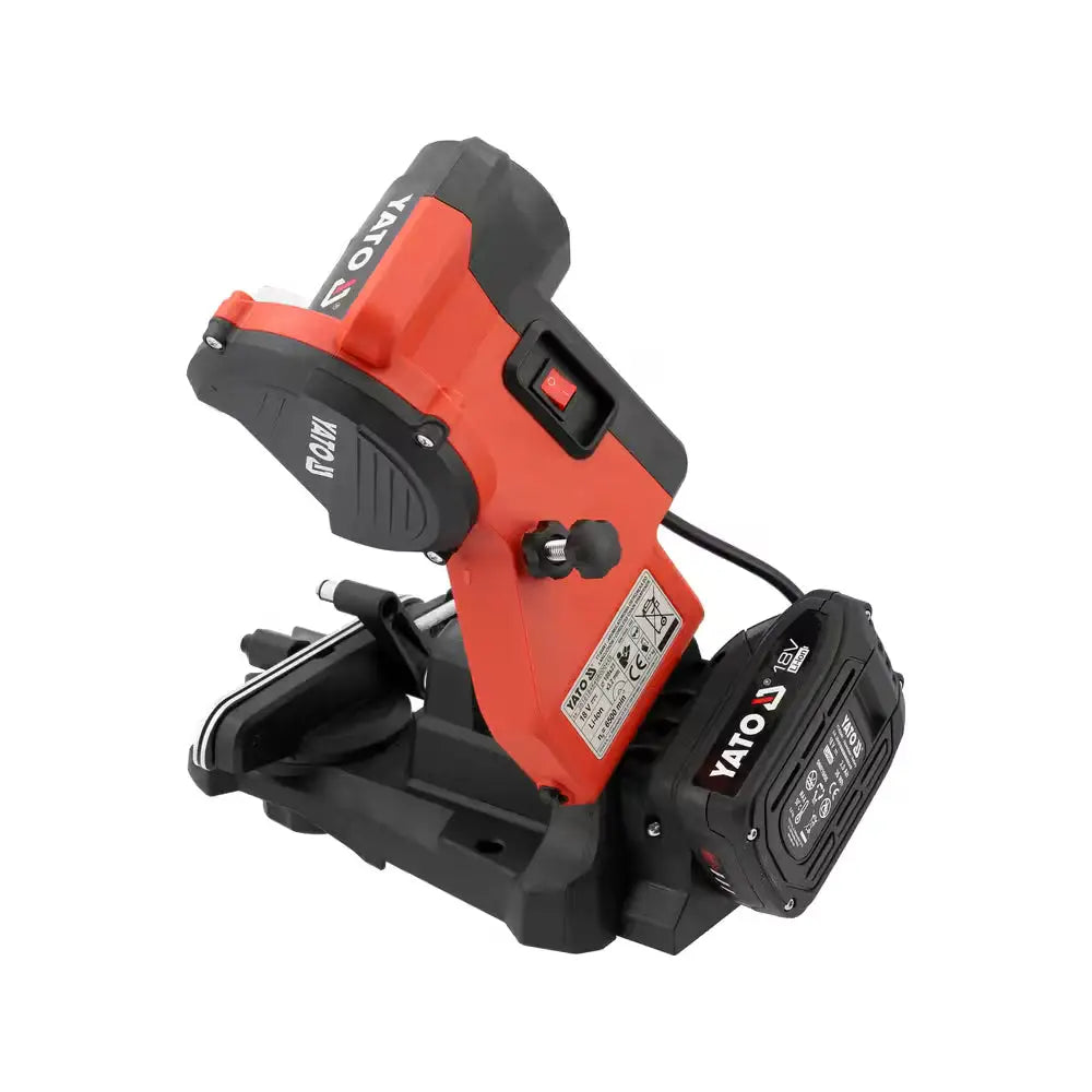 Red and black yato 18v cordless pipe cutter with 2ah li-ion battery pack attached for efficient metal cutting