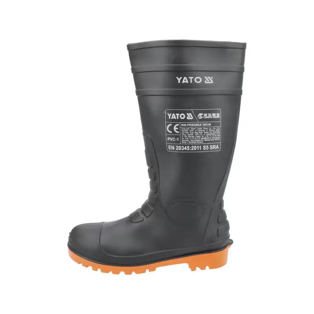 Musta yato turvakumisaappaat oranssilla kumipohjalla ja vahvistetulla kärjellä s5 pvc antistaattinen